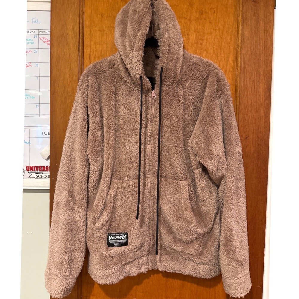 YoungLA‎ fuzzy teddy hoodie Small light pink tan full zip oversized EUC jacket - Picture 2 of 12